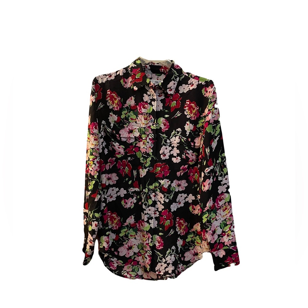 Equipment Small Black Pink White Floral Top Button Long Sleeve Top 100% Silk